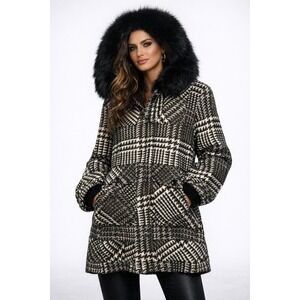 ABS Collection Women's Houndstooth Wool Tweed Coat with Fur Hood‎ Size 10